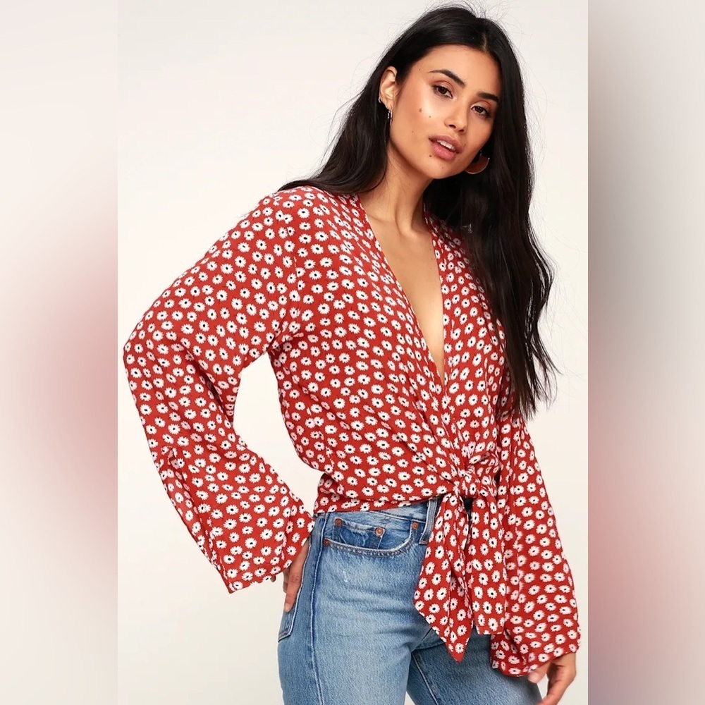 Faithfull the Brand Teguise Red Floral Print Tie-Front Top Size 4 Small